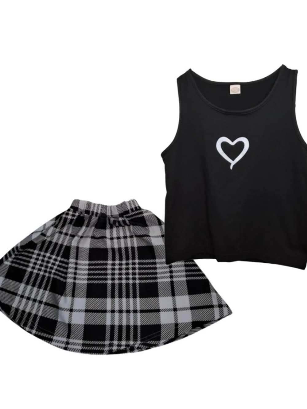 Black Heart Tank Top & Black-White Plaid Skirt Set - Kids